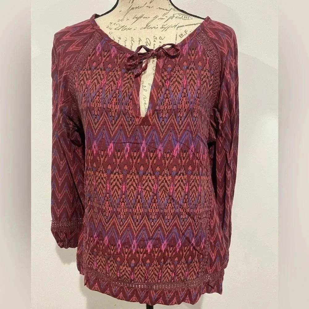 Prana Tacana Top Black Cherry Laurel Ling Sleeve Shirt Size Medium
